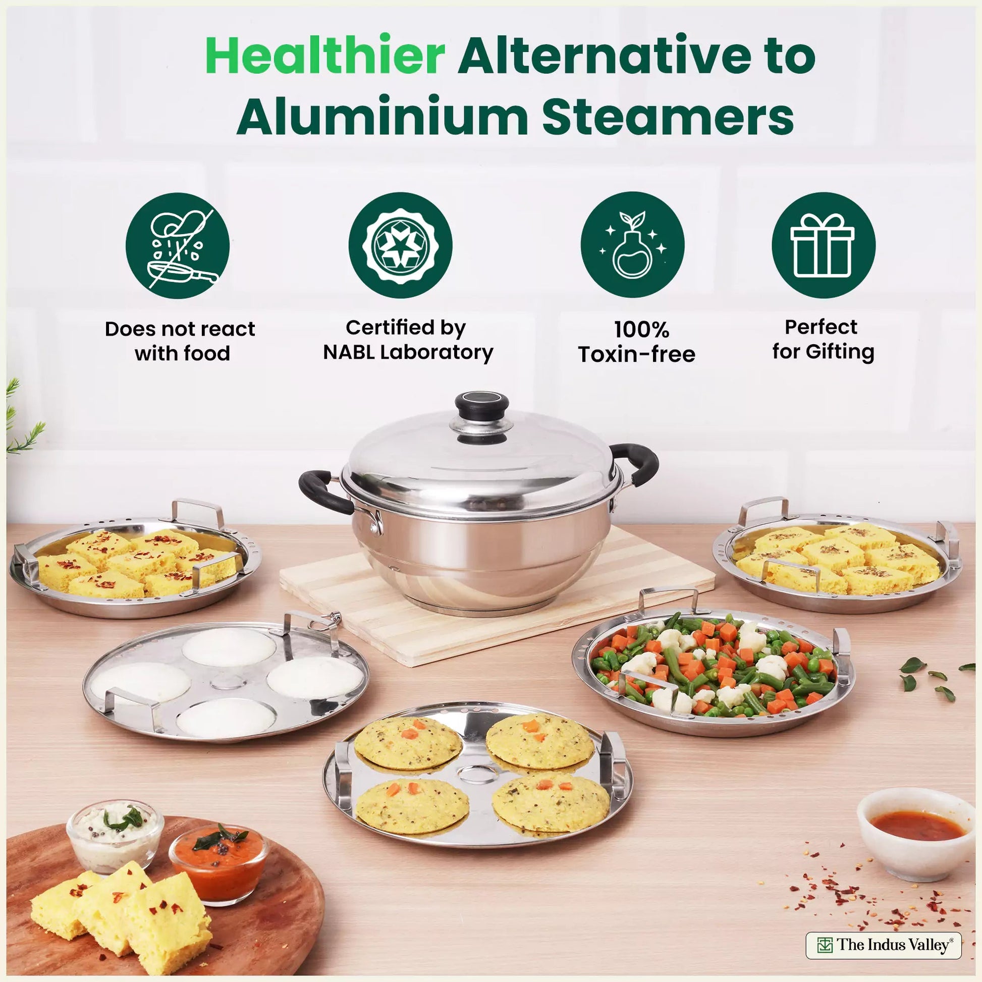 The Indus Valley 8 Pit Tri-Steel Multi Pot Premium Stainless Steel Idli/ Dhokla/ Momo Maker/ Veg Steaming Set, Tri-ply Induction Bottom, 5 Plates, 3L  Grab2Buy The Indus Valley Grab2Buy