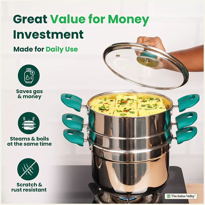 The Indus Valley Tri-steel Multi Cooker Pot Premium Stainless Steel Momo Maker/ Idiyappam/ Biryani/ Veg Steaming Set, 3 Pots, 21cm  Grab2Buy The Indus Valley Grab2Buy