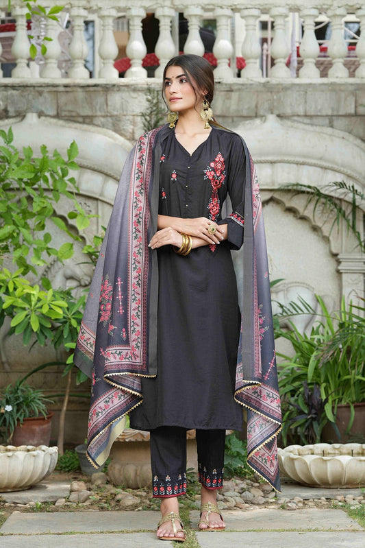 Juniper Black Mono Viscose Festive Wear Embroidered Straight Kurta Pant Dupatta Set