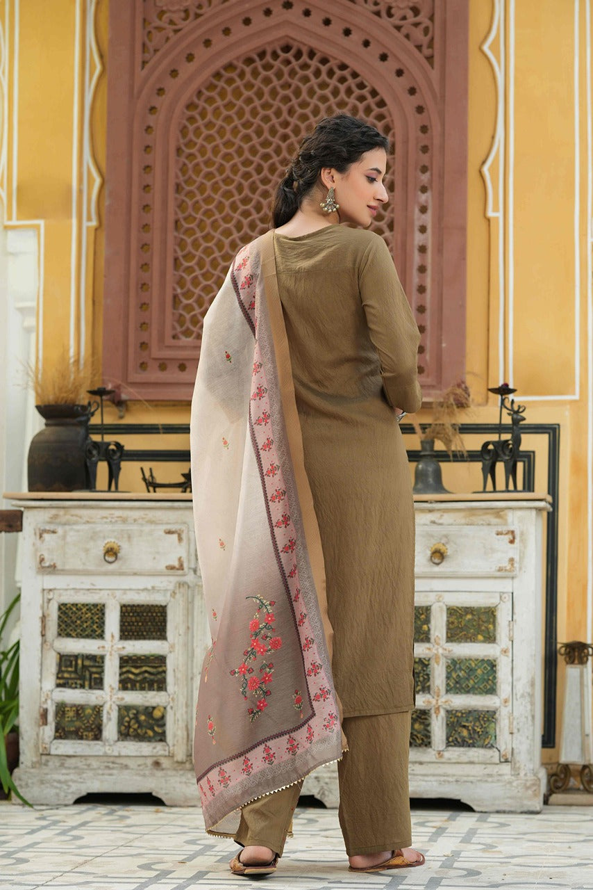 Juniper Women's Olive Mono Viscose Straight Embroidered Kurta Pant Dupatta Set
