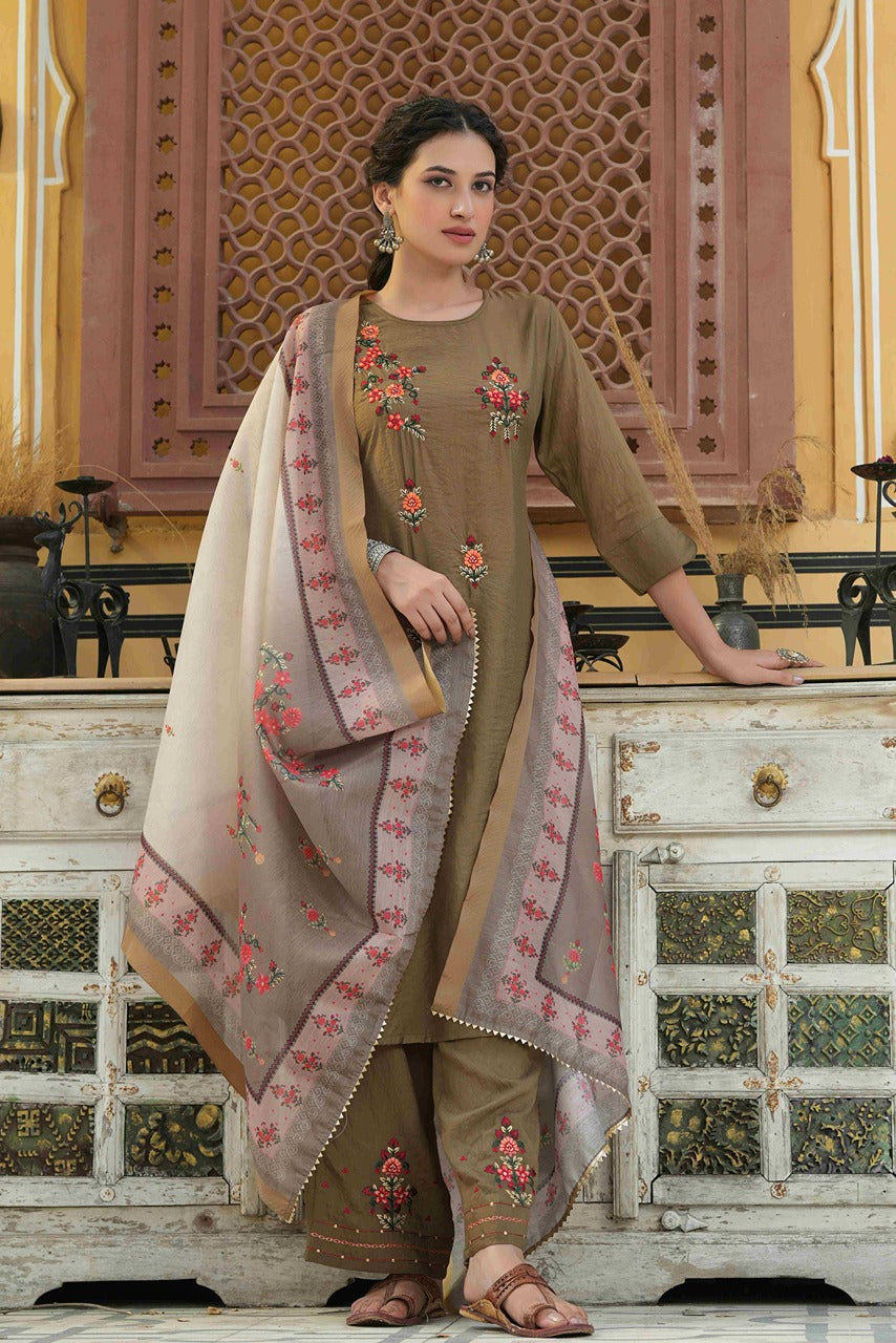 Juniper Women's Olive Mono Viscose Straight Embroidered Kurta Pant Dupatta Set