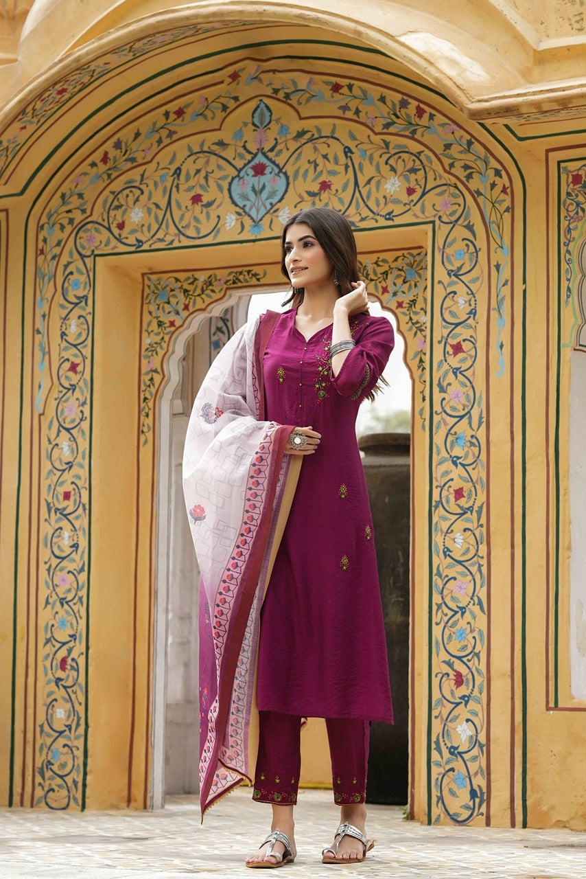 Juniper Maroon Mono Viscose Festive Wear Embroidered Straight Kurta Pant Dupatta Set