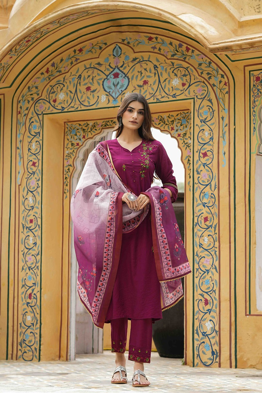 Juniper Maroon Mono Viscose Festive Wear Embroidered Straight Kurta Pant Dupatta Set