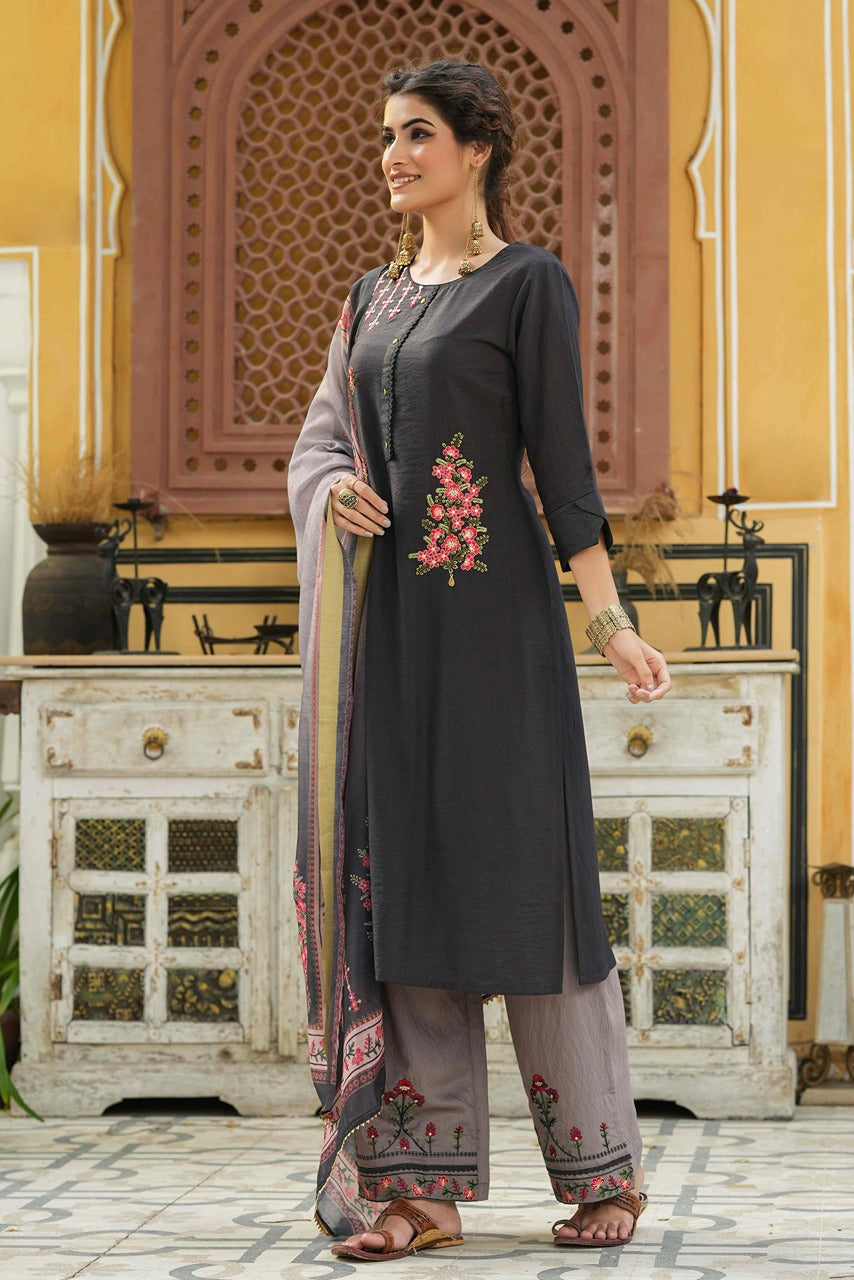 Juniper Dark Grey Mono Viscose Festive Wear Embroidered Straight Kurta Palazzo Dupatta Set