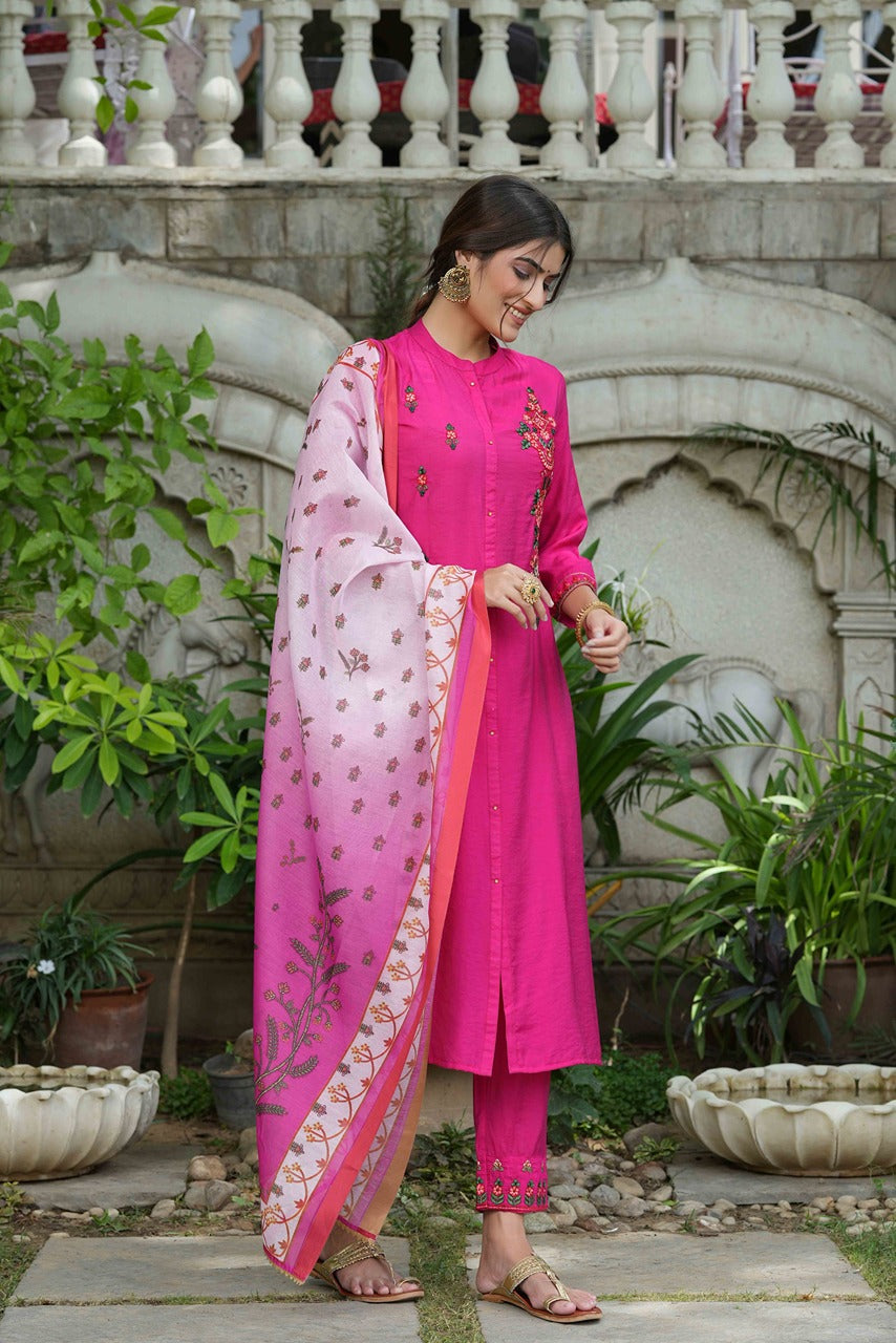 Juniper Fuchsia Mono Viscose Festive Wear Embroidered Straight Kurta Pant Dupatta Set