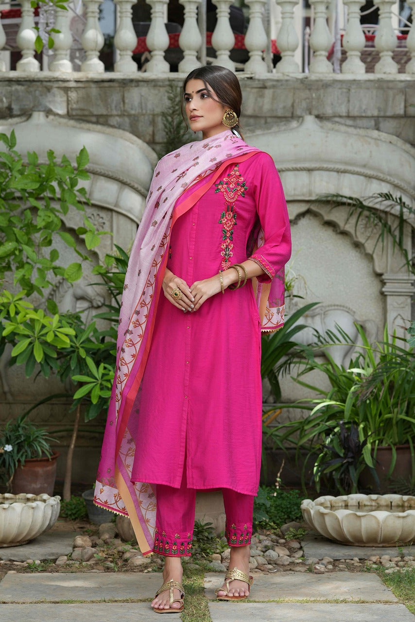 Juniper Fuchsia Mono Viscose Festive Wear Embroidered Straight Kurta Pant Dupatta Set