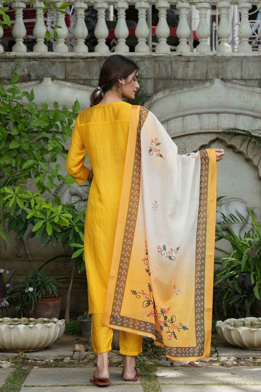 Juniper Women's Yellow Mono Viscose Straight Embroidered Kurta Sets