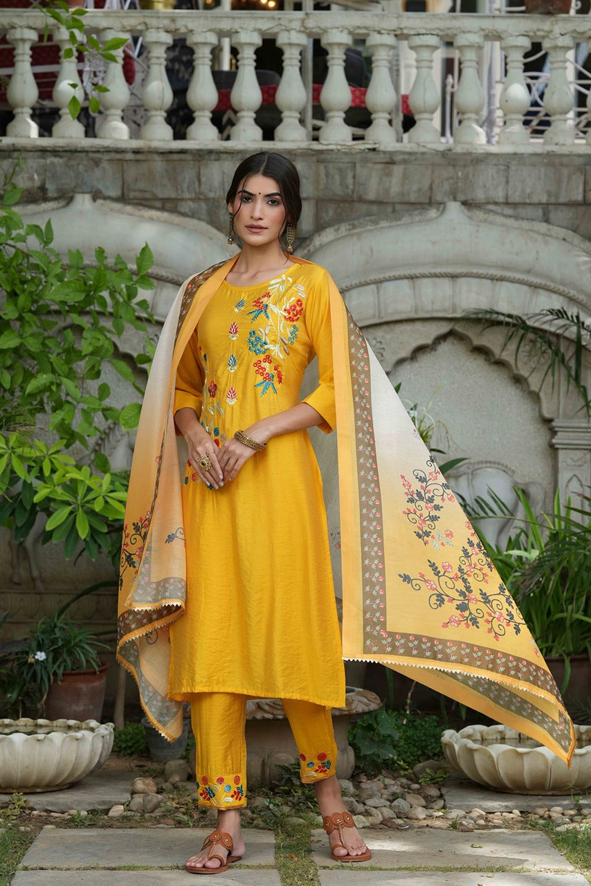 Juniper Women's Yellow Mono Viscose Straight Embroidered Kurta Sets