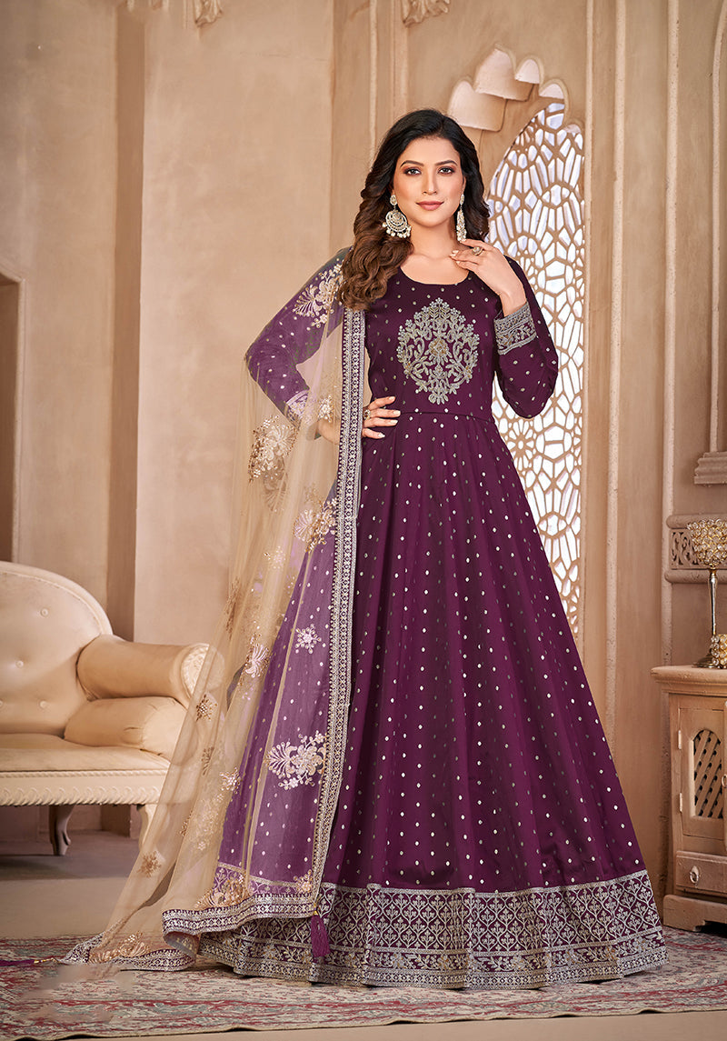Monjolika Fashion Purple Color Embroidered Taffeta Silk Anarkali Suit