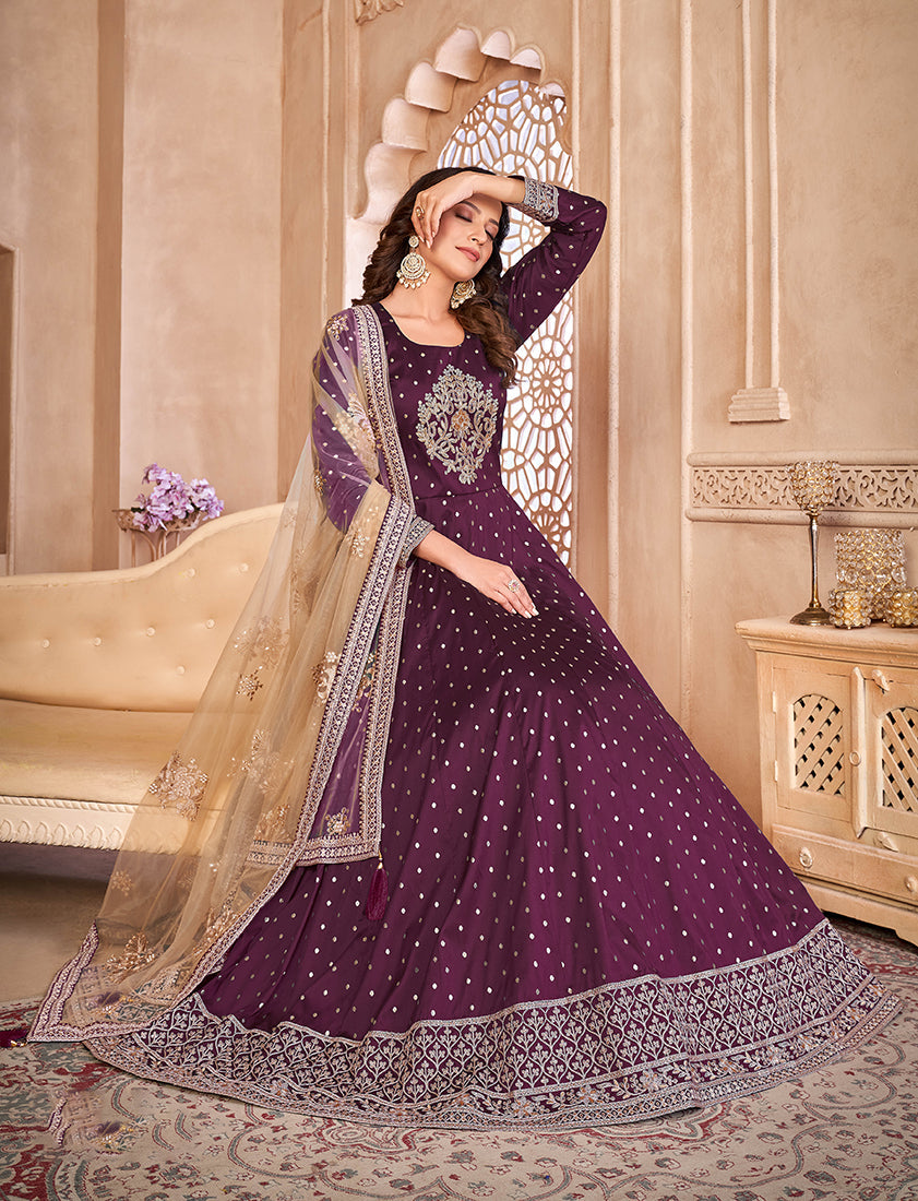Monjolika Fashion Purple Color Embroidered Taffeta Silk Anarkali Suit