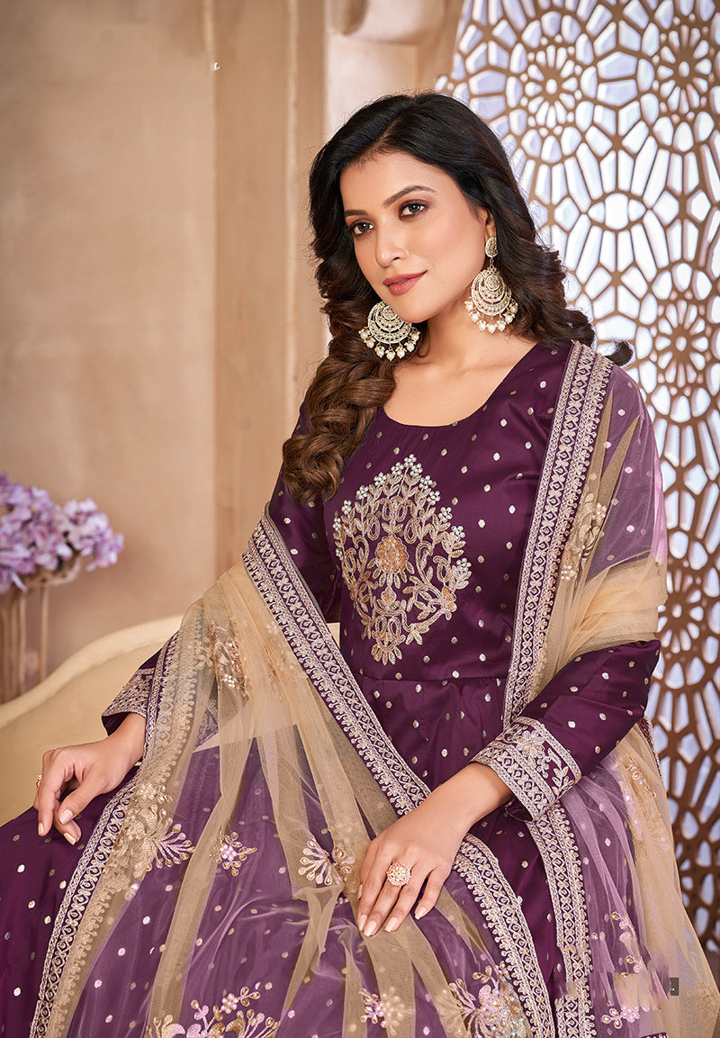 Monjolika Fashion Purple Color Embroidered Taffeta Silk Anarkali Suit