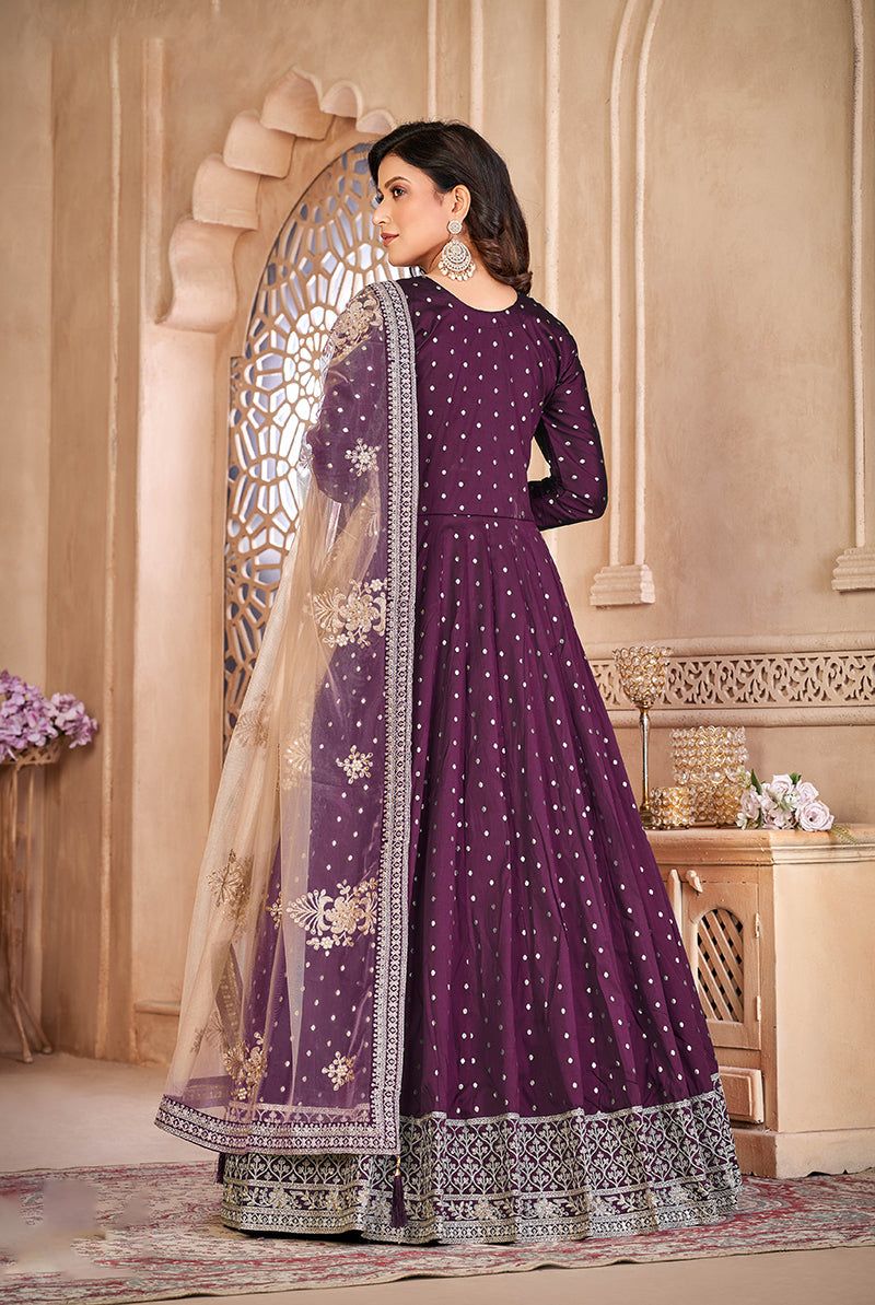 Monjolika Fashion Purple Color Embroidered Taffeta Silk Anarkali Suit