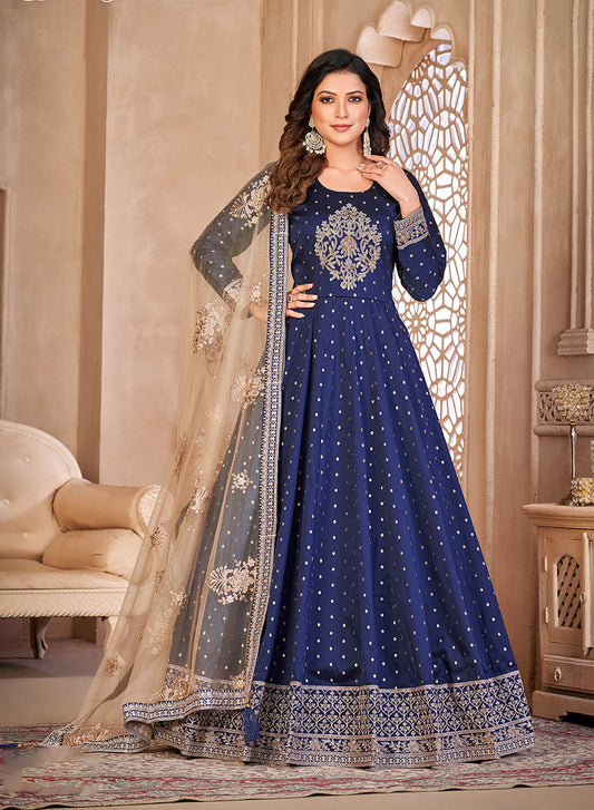 Monjolika Fashion Navy Blue Color Embroidered Taffeta Silk Anarkali Suit