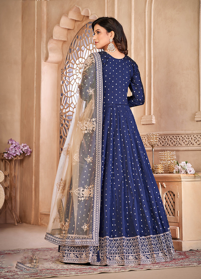 Monjolika Fashion Navy Blue Color Embroidered Taffeta Silk Anarkali Suit