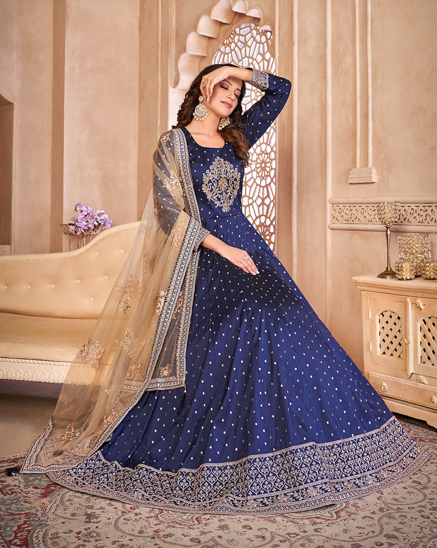Monjolika Fashion Navy Blue Color Embroidered Taffeta Silk Anarkali Suit