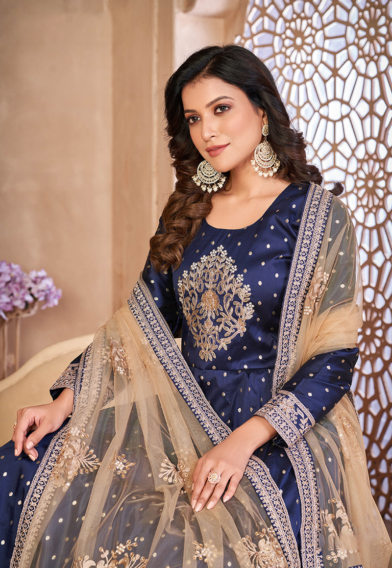 Monjolika Fashion Navy Blue Color Embroidered Taffeta Silk Anarkali Suit