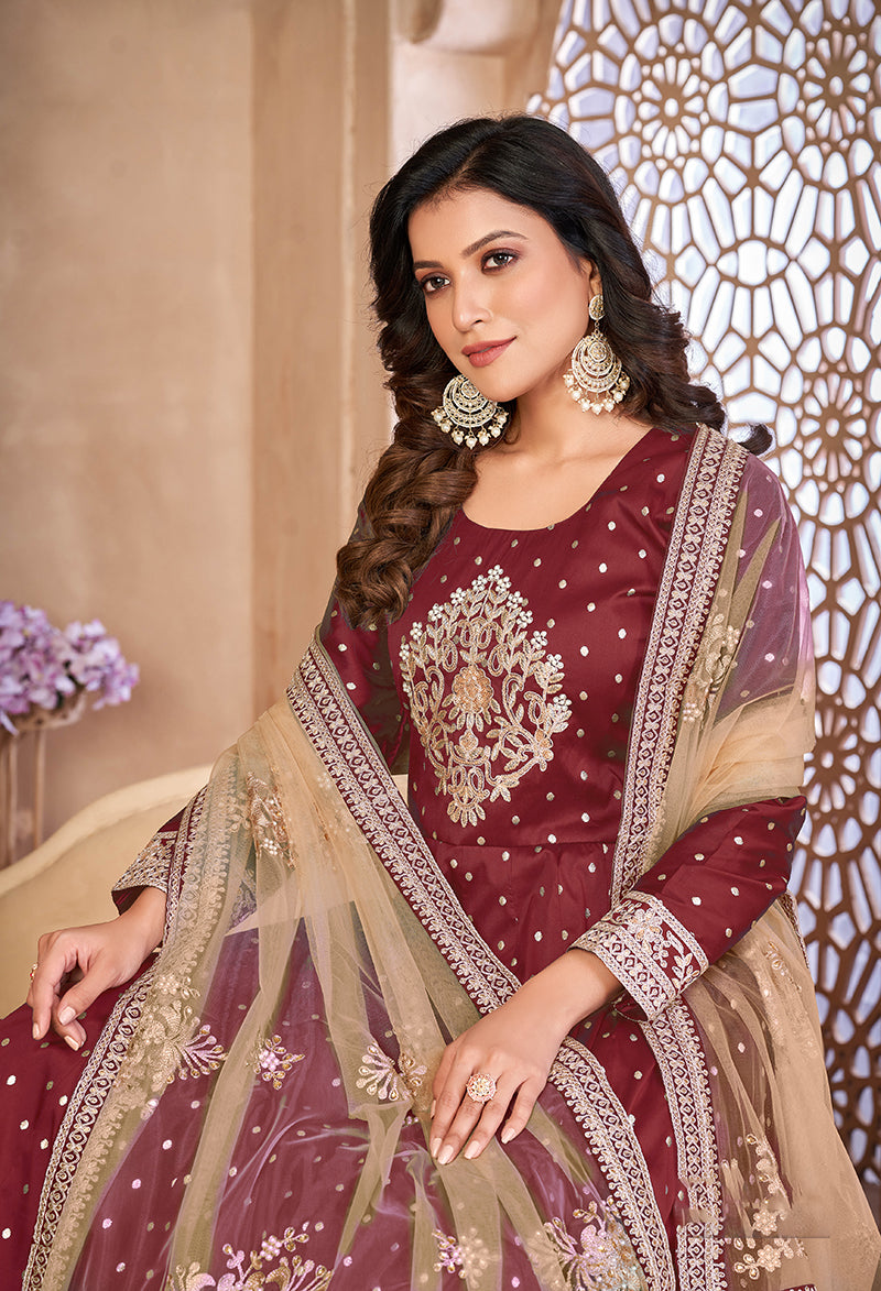 Monjolika Fashion Maroon Color Embroidered Taffeta Silk Anarkali Suit