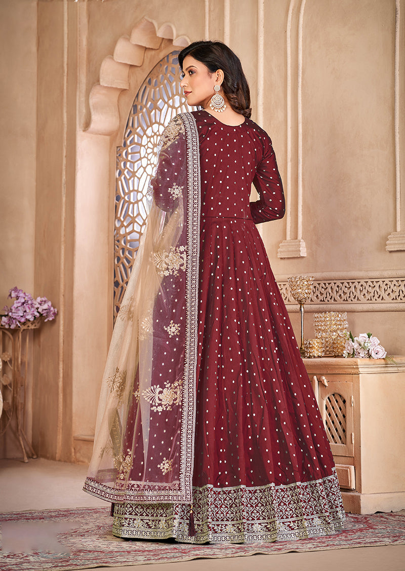 Monjolika Fashion Maroon Color Embroidered Taffeta Silk Anarkali Suit