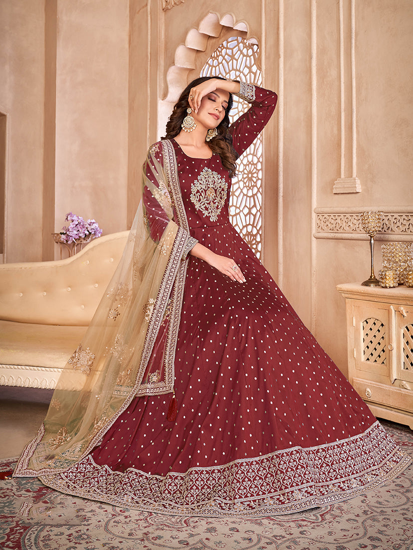 Monjolika Fashion Maroon Color Embroidered Taffeta Silk Anarkali Suit