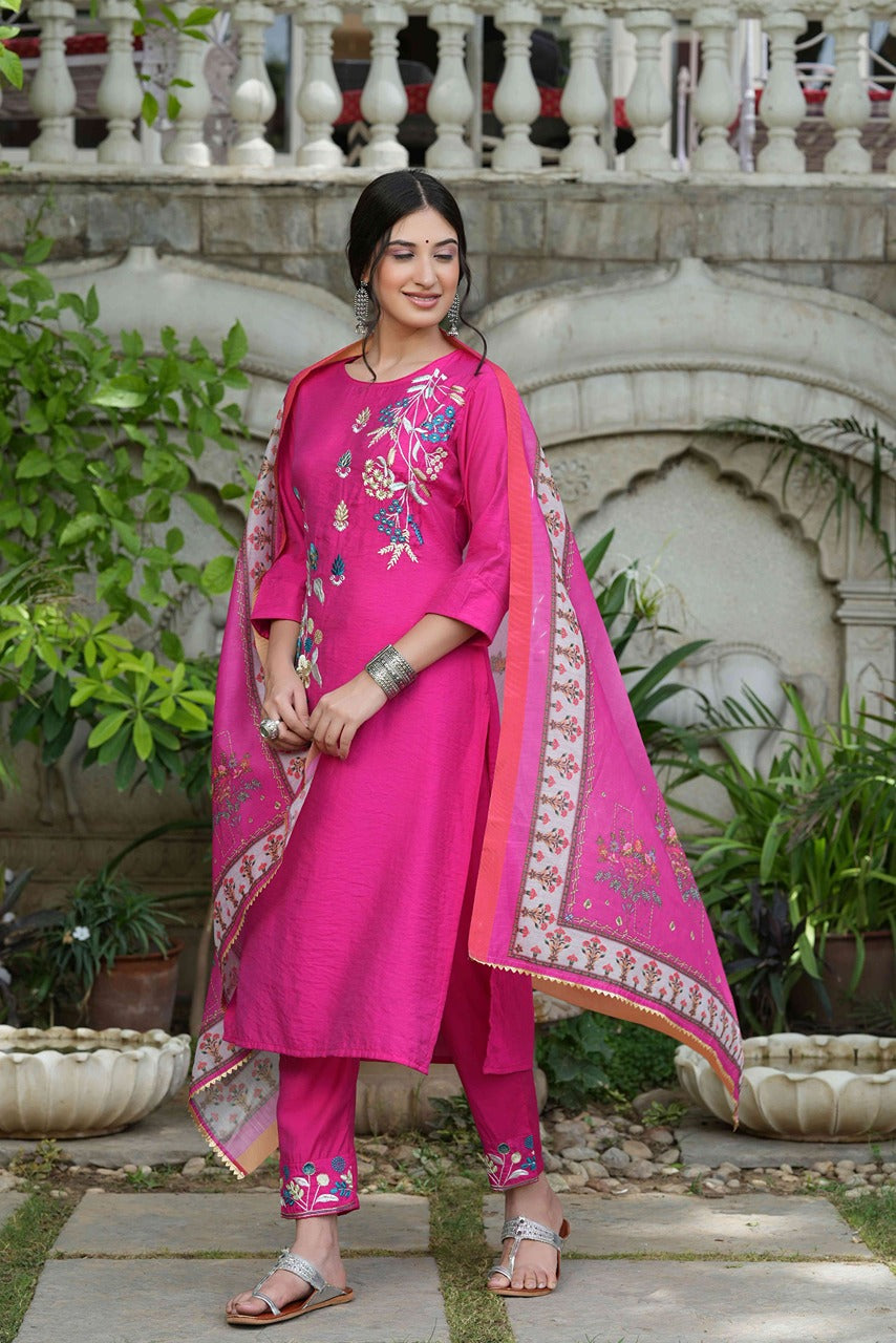 Juniper Fuchsia Mono Viscose Festive Wear Embroidered Straight Kurta Pant Dupatta Set