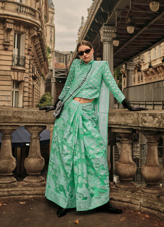 Monjolika Fashion Sea Green Color Lakhnavi Organza Weaving Work Saree With Blouse