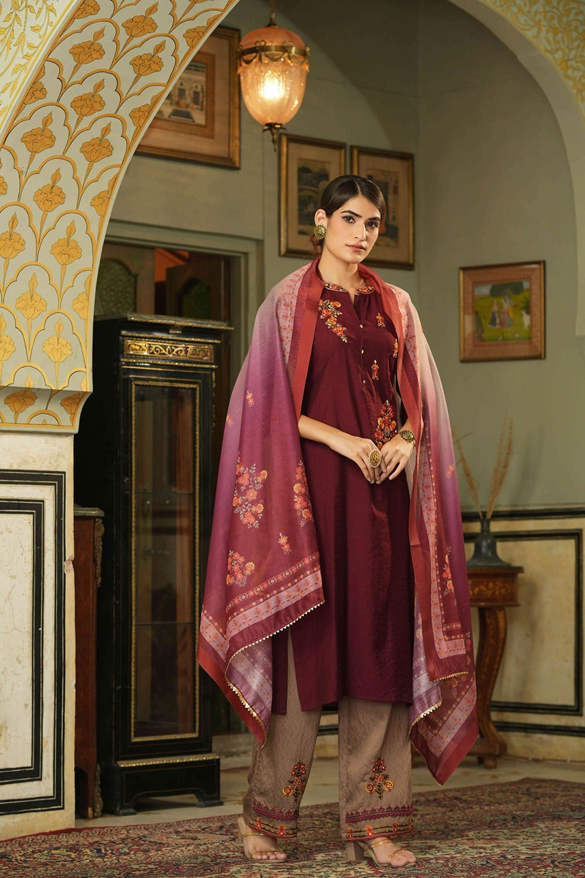 Juniper Maroon Mono Viscose Festive Wear Embroidered Straight Kurta Pant Dupatta Set