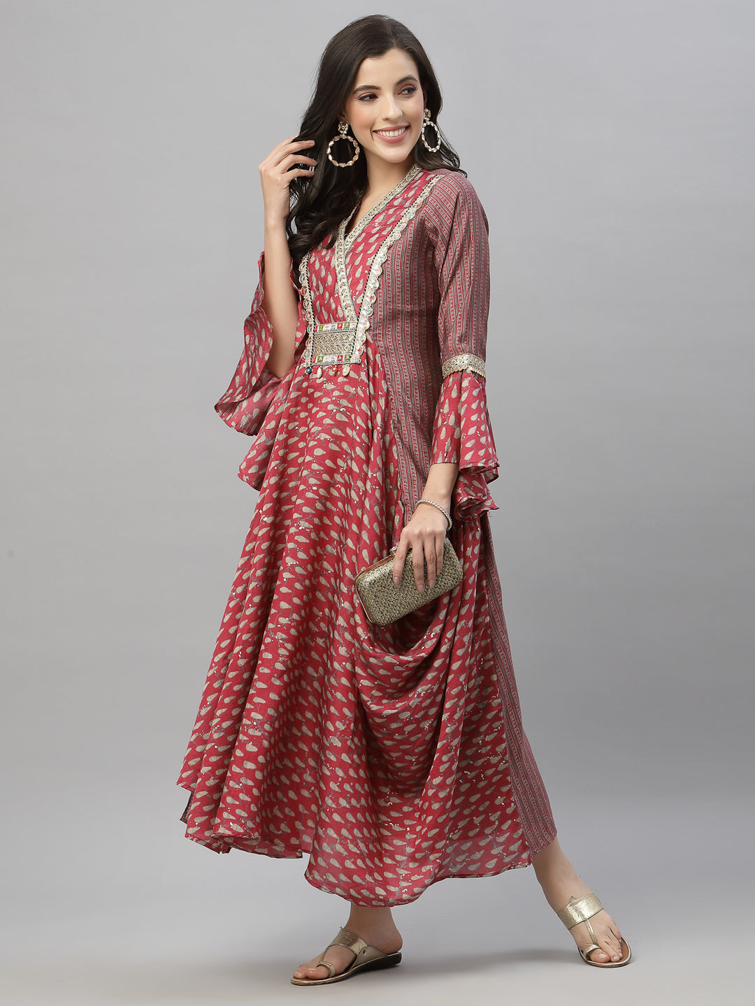 Juniper Women's Pink Silk Printed Flared Dress