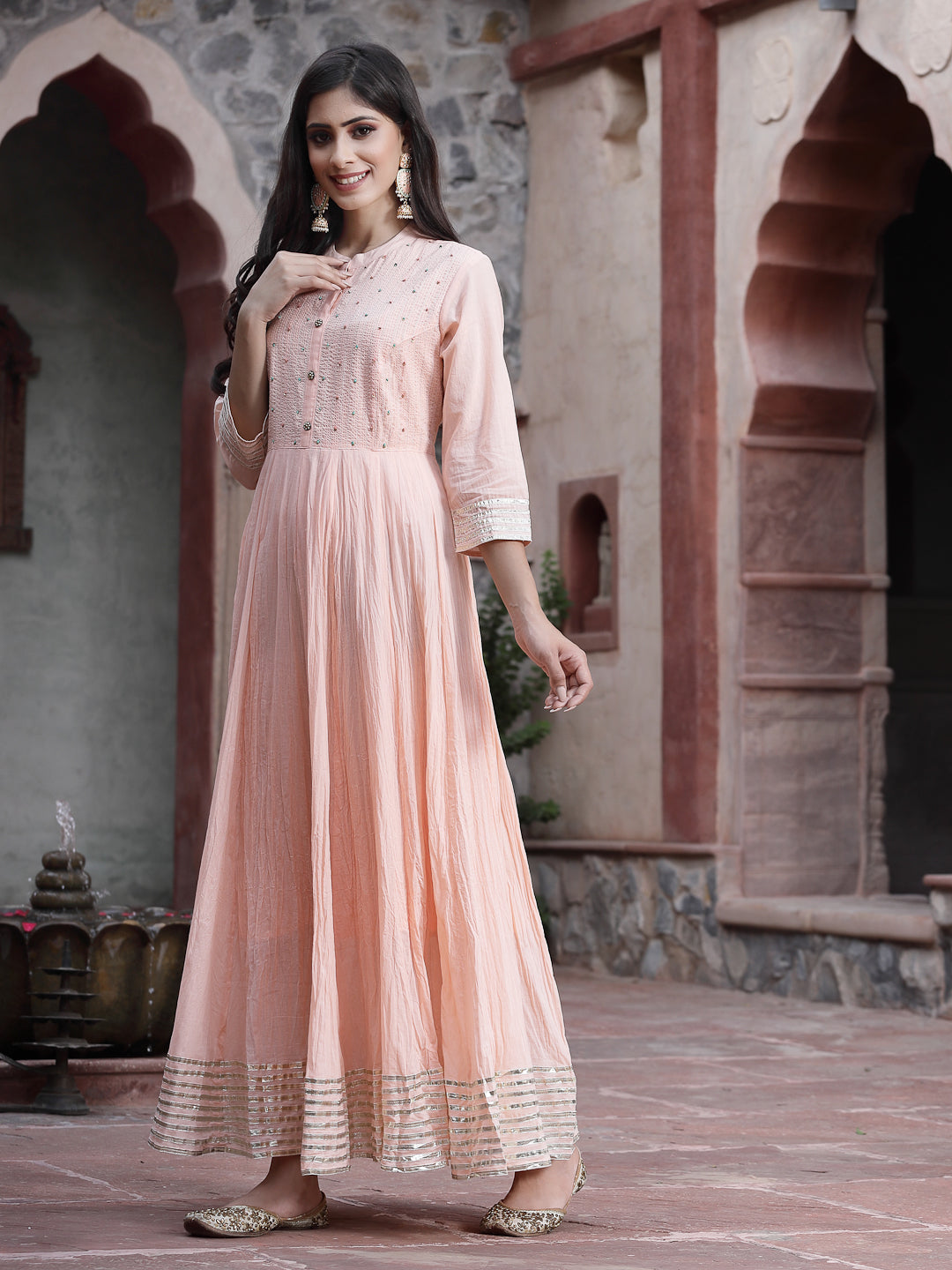 Juniper Women Peach Cotton Solid Flared Dress