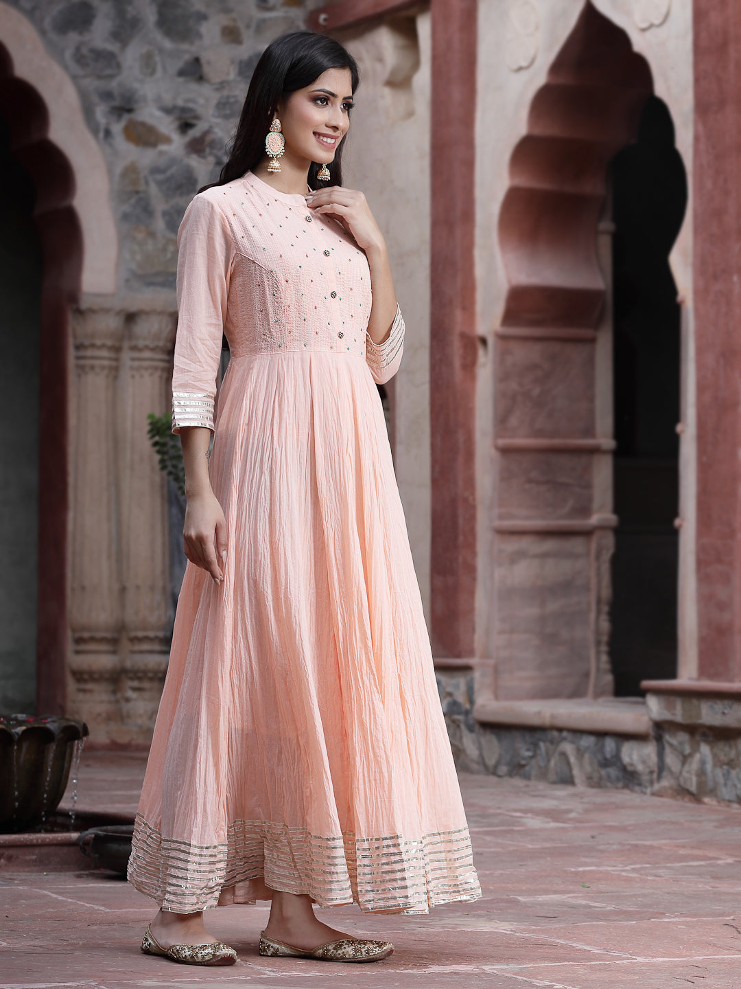 Juniper Women Peach Cotton Solid Flared Dress