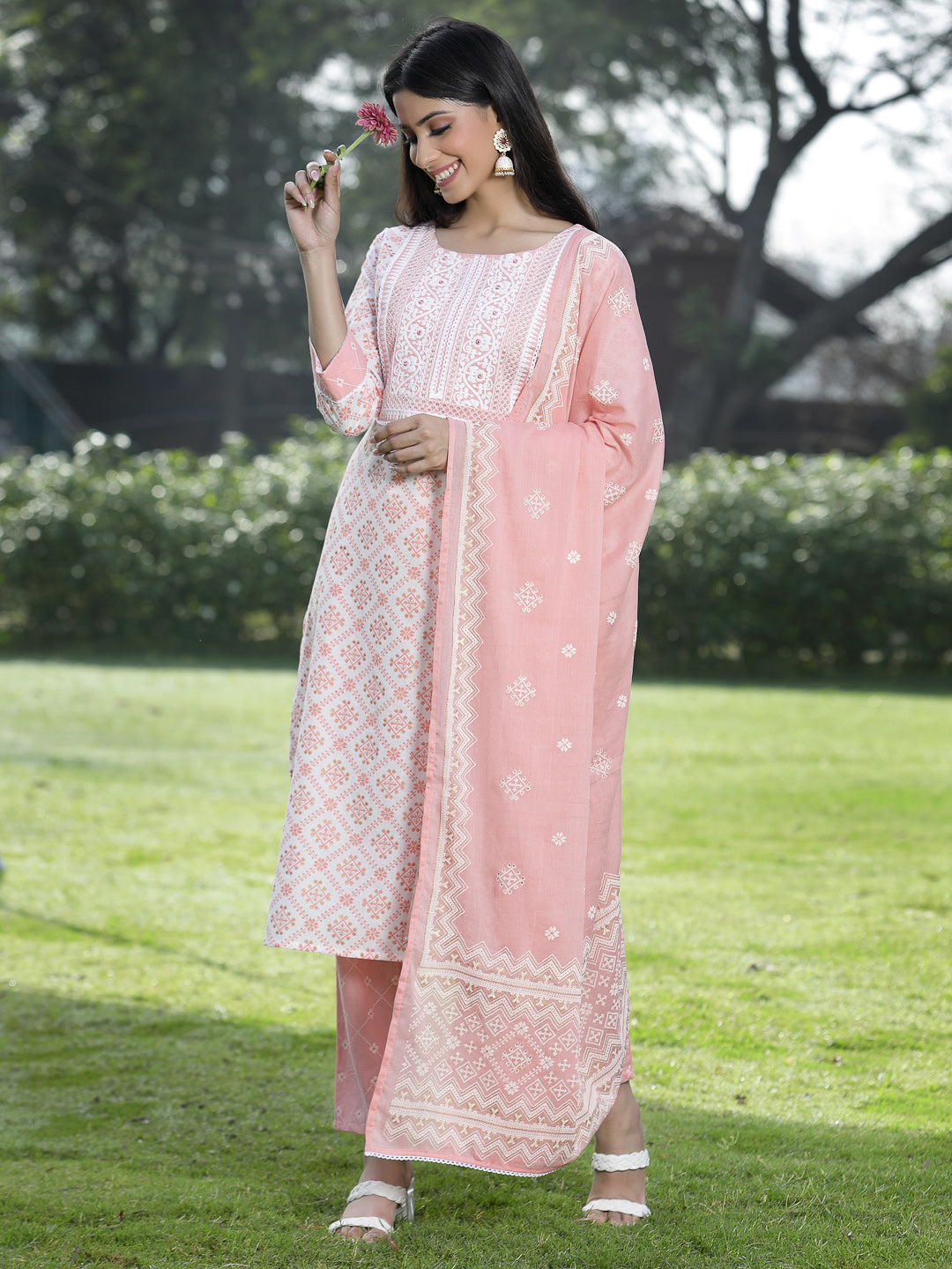 Juniper Women Peach Cotton Embroidered Straight Kurta Pant Dupatta Set