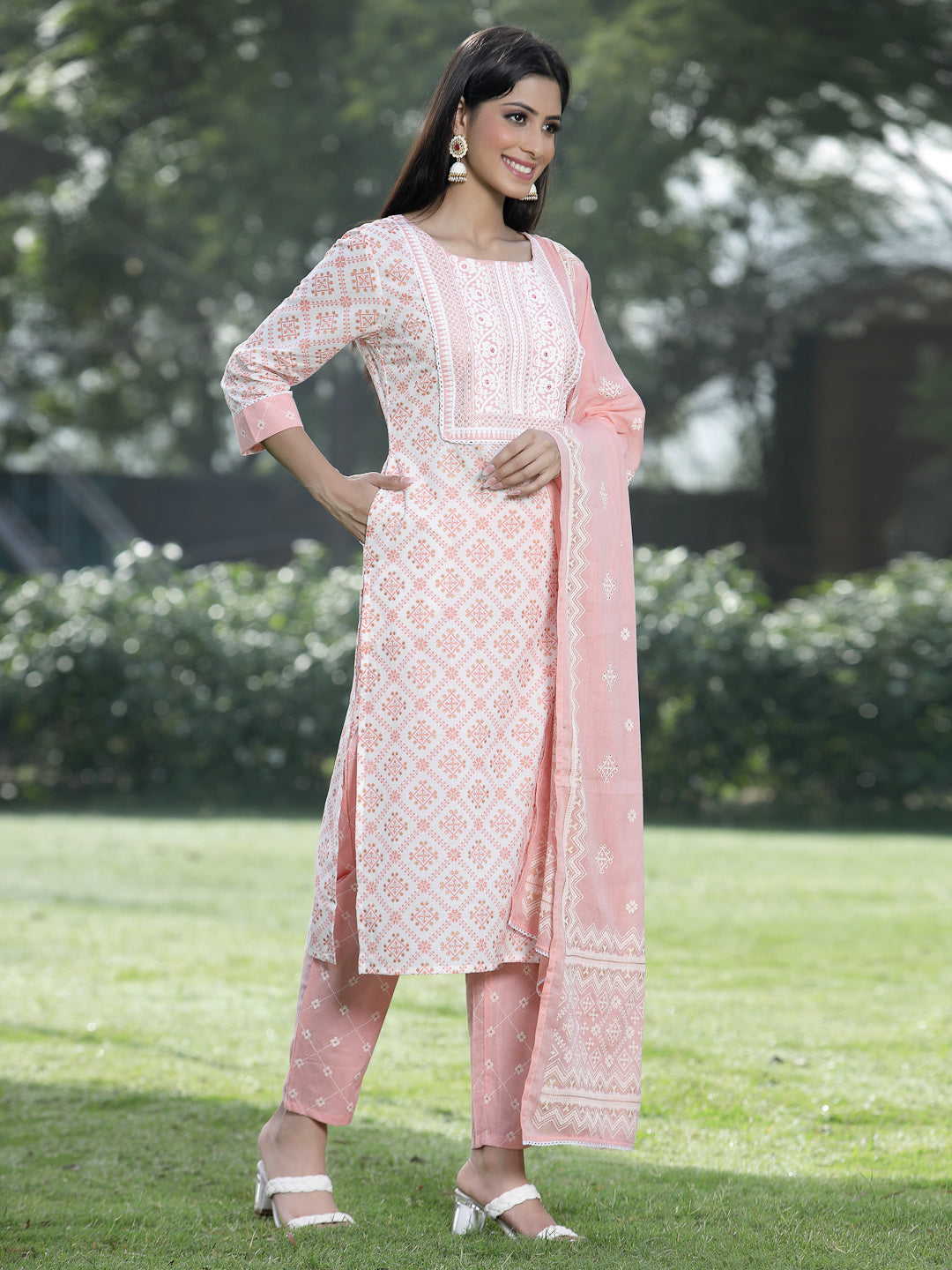 Juniper Women Peach Cotton Embroidered Straight Kurta Pant Dupatta Set
