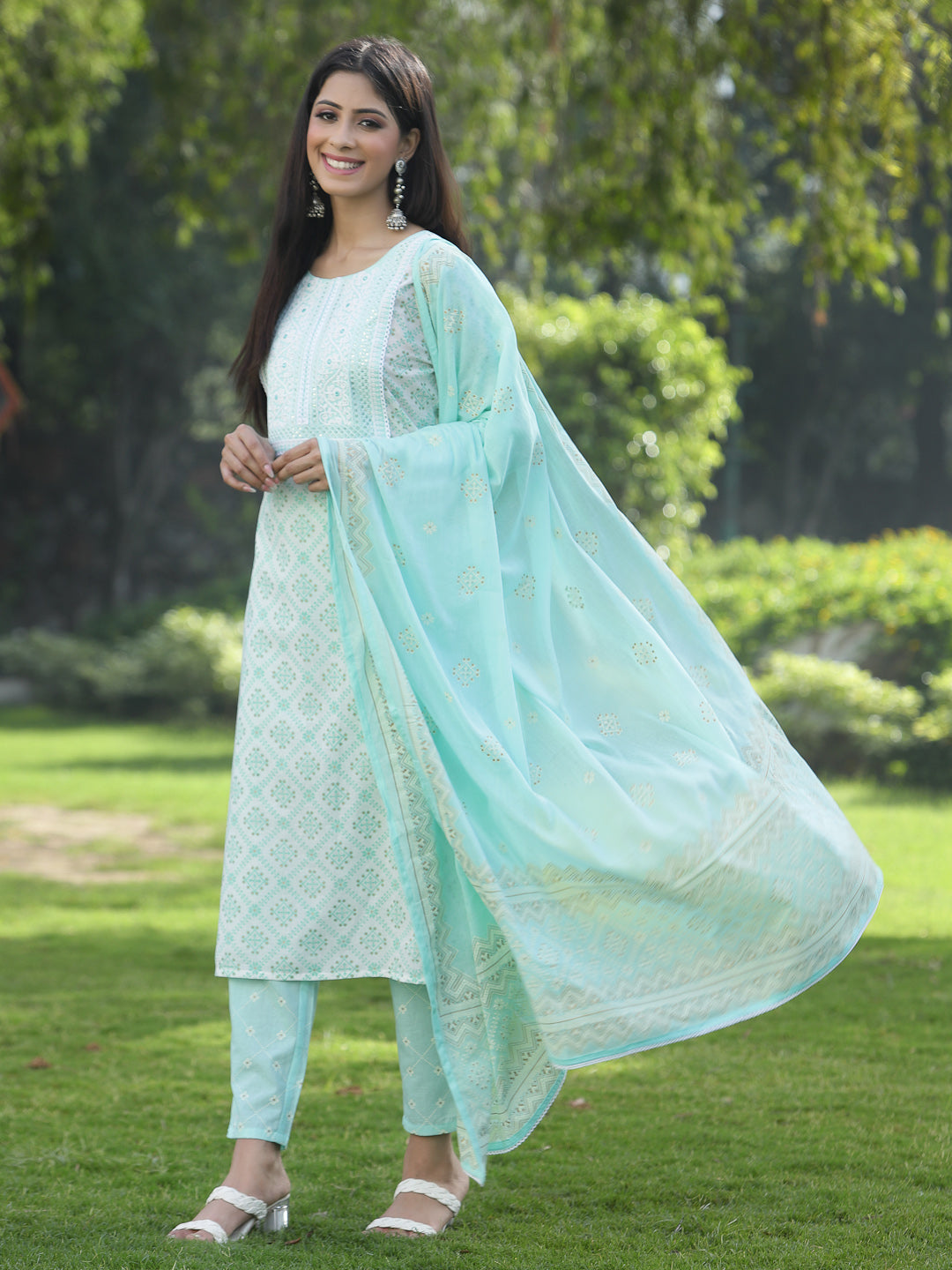 Juniper Women Powder Blue Cotton Embroidered Straight Kurta Pant Dupatta Set