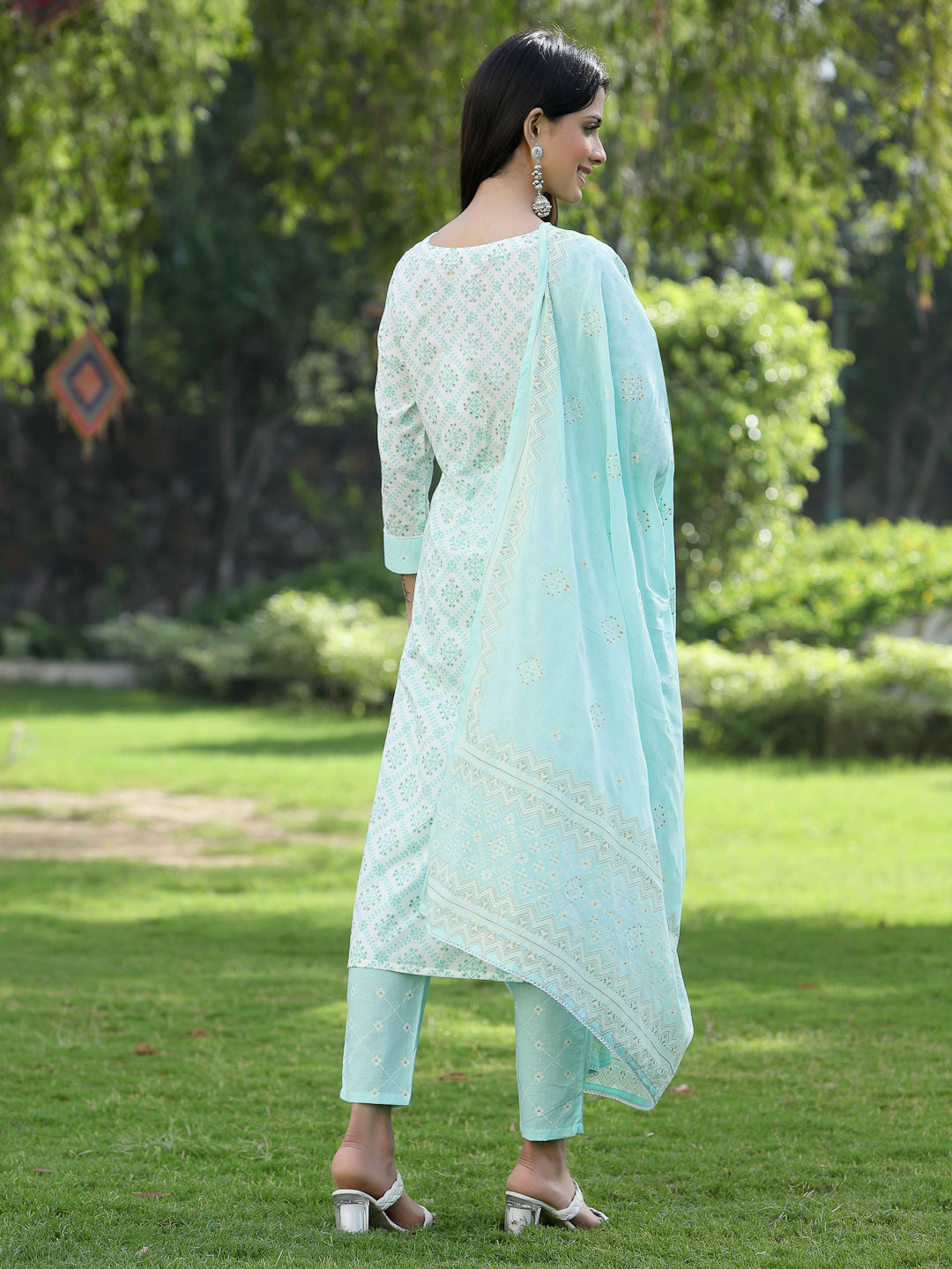 Juniper Women Powder Blue Cotton Embroidered Straight Kurta Pant Dupatta Set