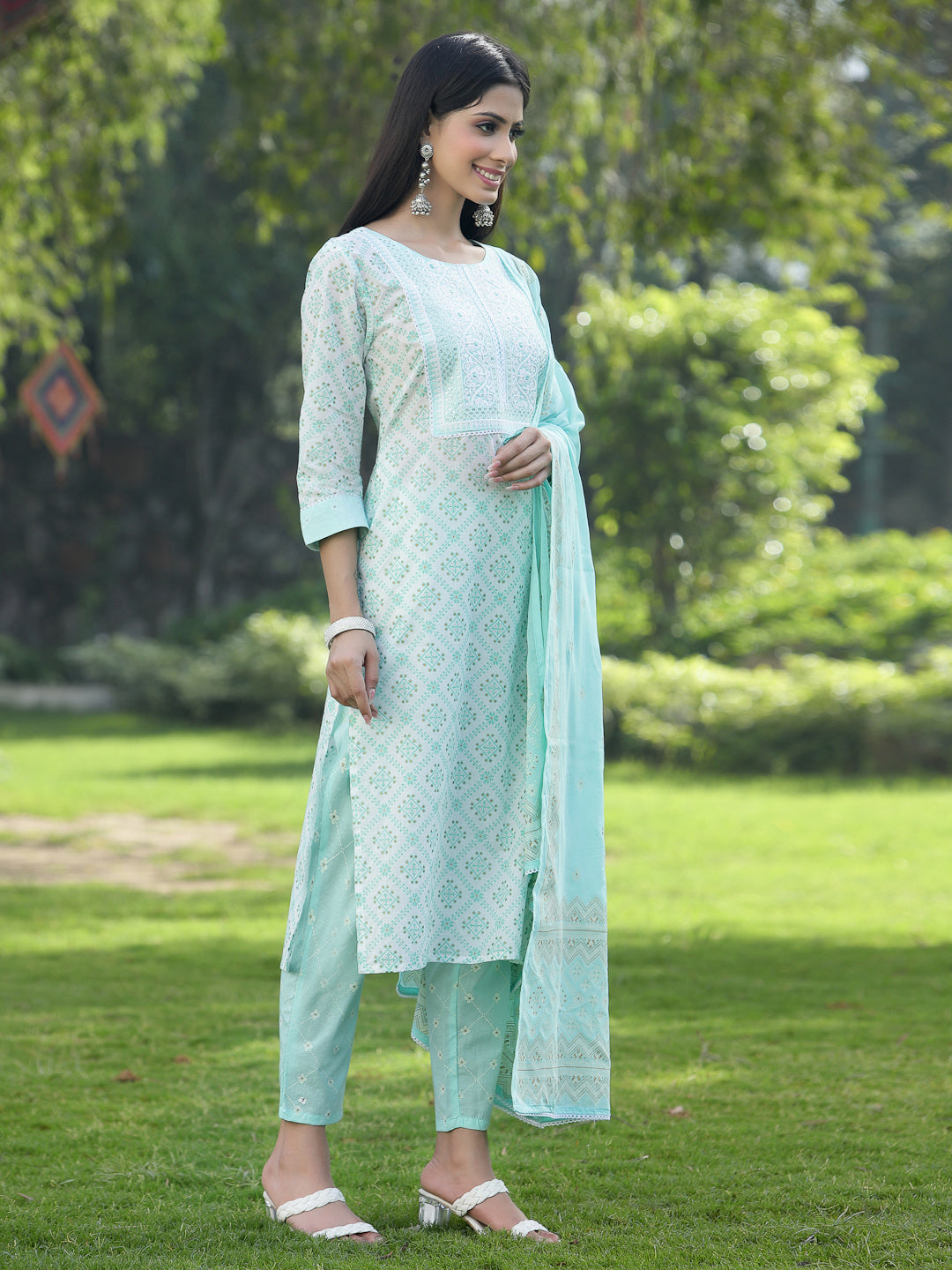 Juniper Women Powder Blue Cotton Embroidered Straight Kurta Pant Dupatta Set