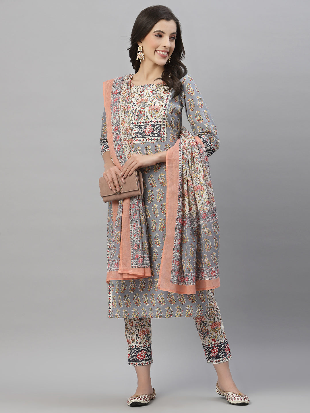 Juniper Women Grey Cotton Embroidered Straight Kurta Pant Dupatta Set