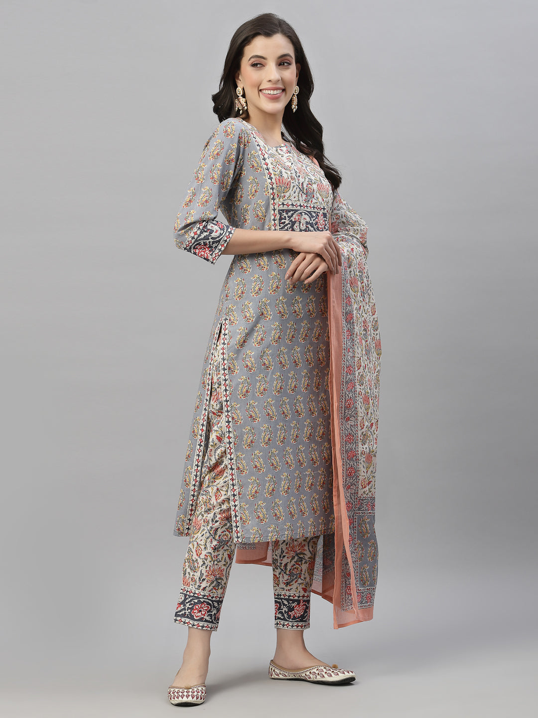 Juniper Women Grey Cotton Embroidered Straight Kurta Pant Dupatta Set