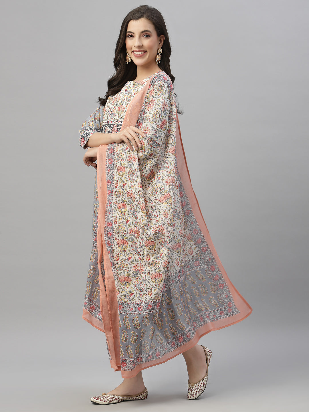 Juniper Women Grey Cotton Embroidered Straight Kurta Pant Dupatta Set