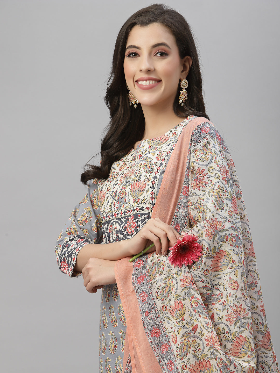 Juniper Women Grey Cotton Embroidered Straight Kurta Pant Dupatta Set