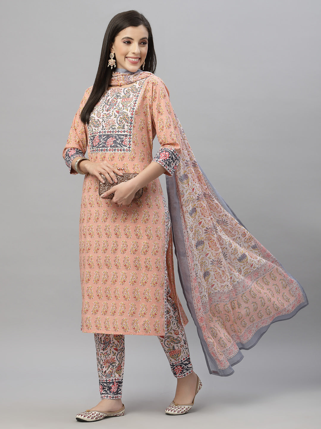 Juniper Women Peach Cotton Embroidered Straight Kurta Pant Dupatta Set