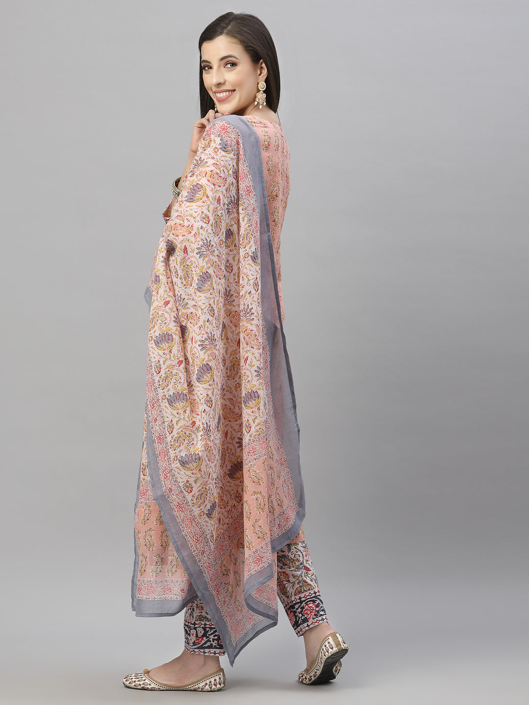 Juniper Women Peach Cotton Embroidered Straight Kurta Pant Dupatta Set