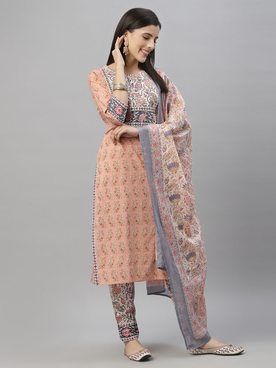 Juniper Women Peach Cotton Embroidered Straight Kurta Pant Dupatta Set