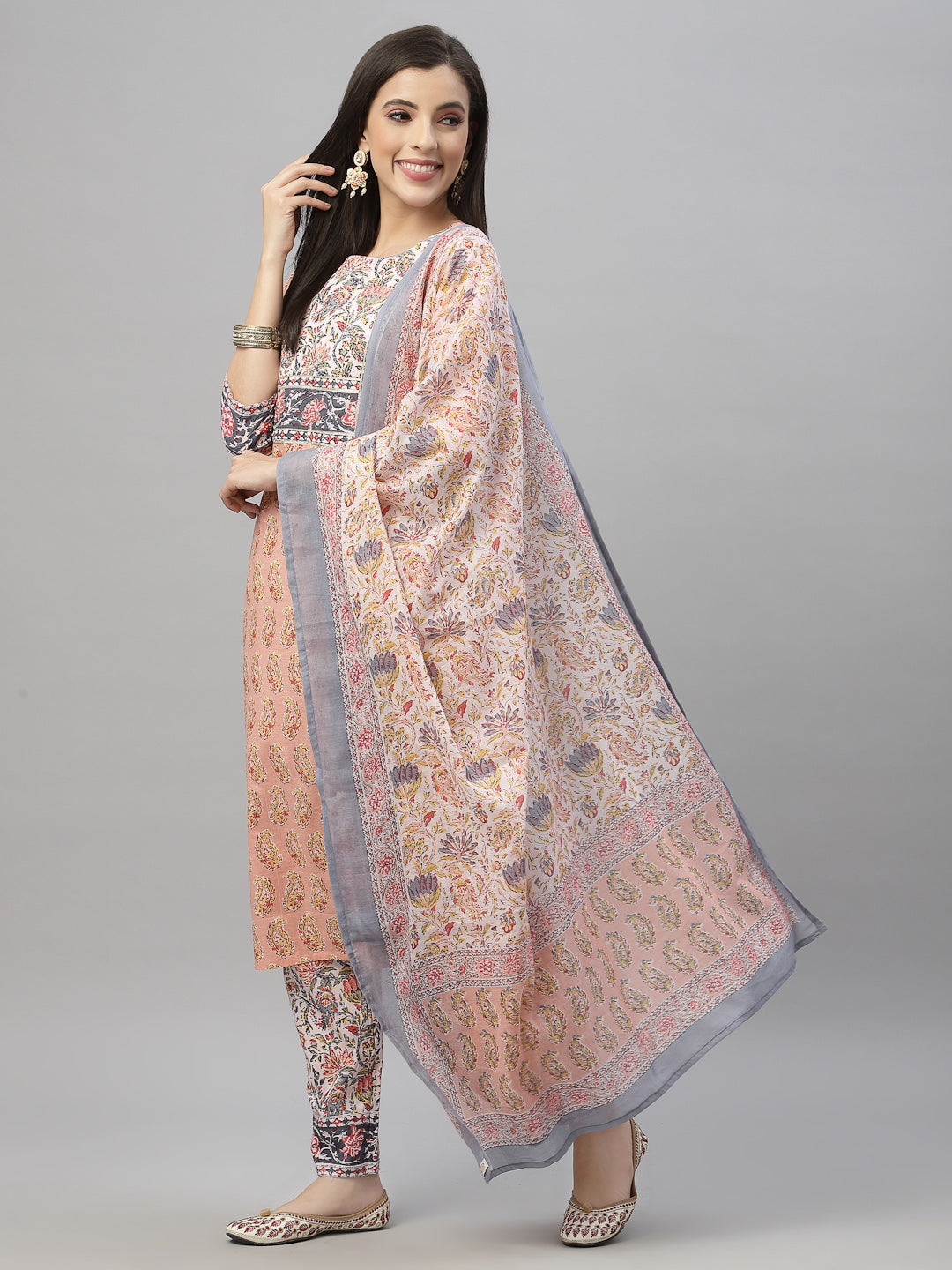 Juniper Women Peach Cotton Embroidered Straight Kurta Pant Dupatta Set