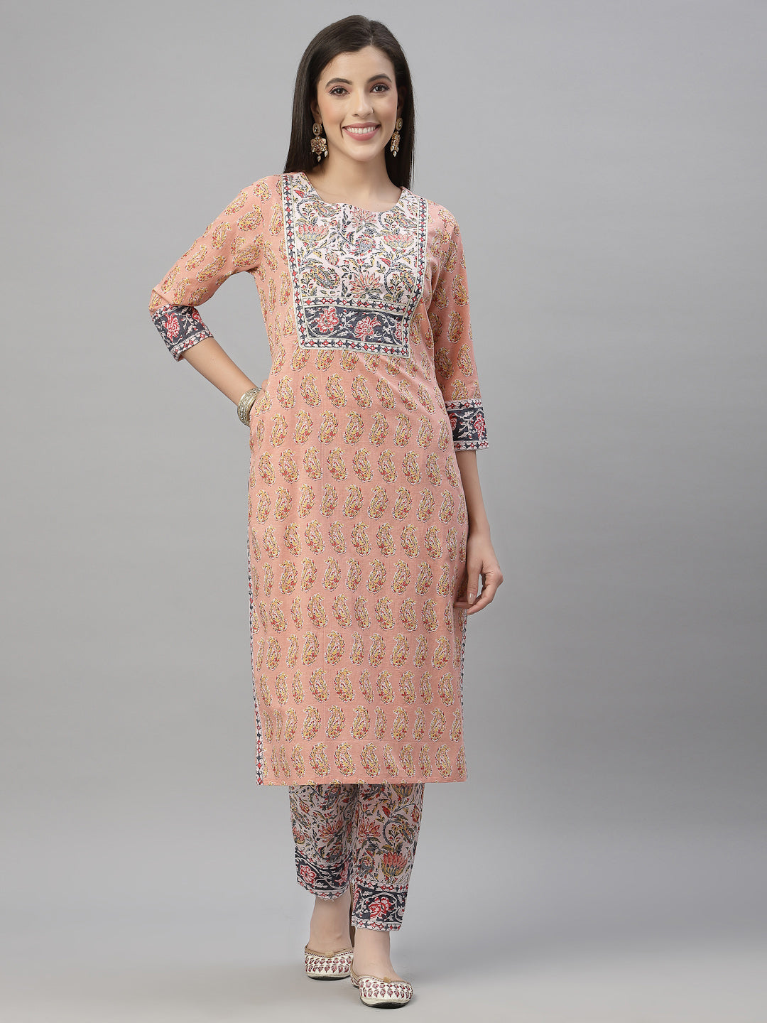 Juniper Women Peach Cotton Embroidered Straight Kurta Pant Dupatta Set