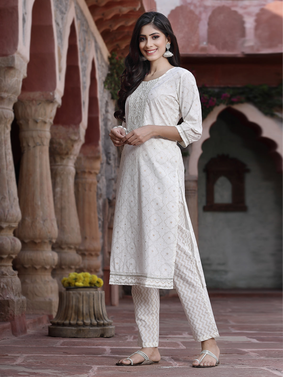 Juniper Women Off-White Cotton Embroidered Straight Kurta Pant Dupatta Set