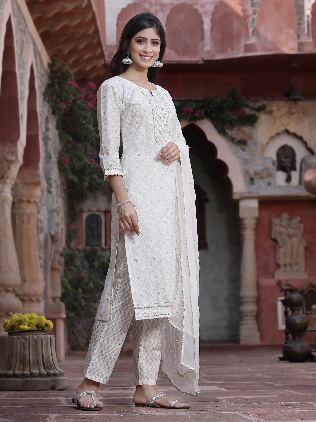 Juniper Women Off-White Cotton Embroidered Straight Kurta Pant Dupatta Set