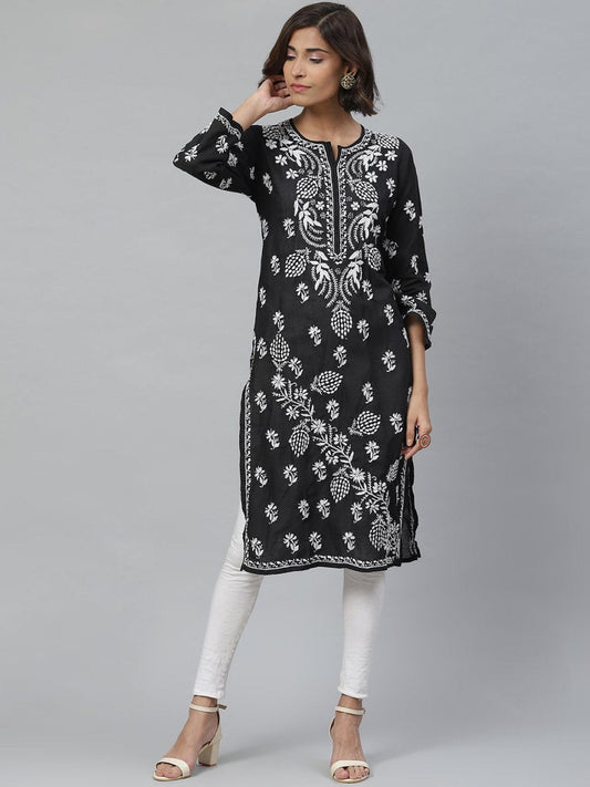 ADA Women Black & White Chikankari Embroidered Straight Sustainable Handloom Kurta 
