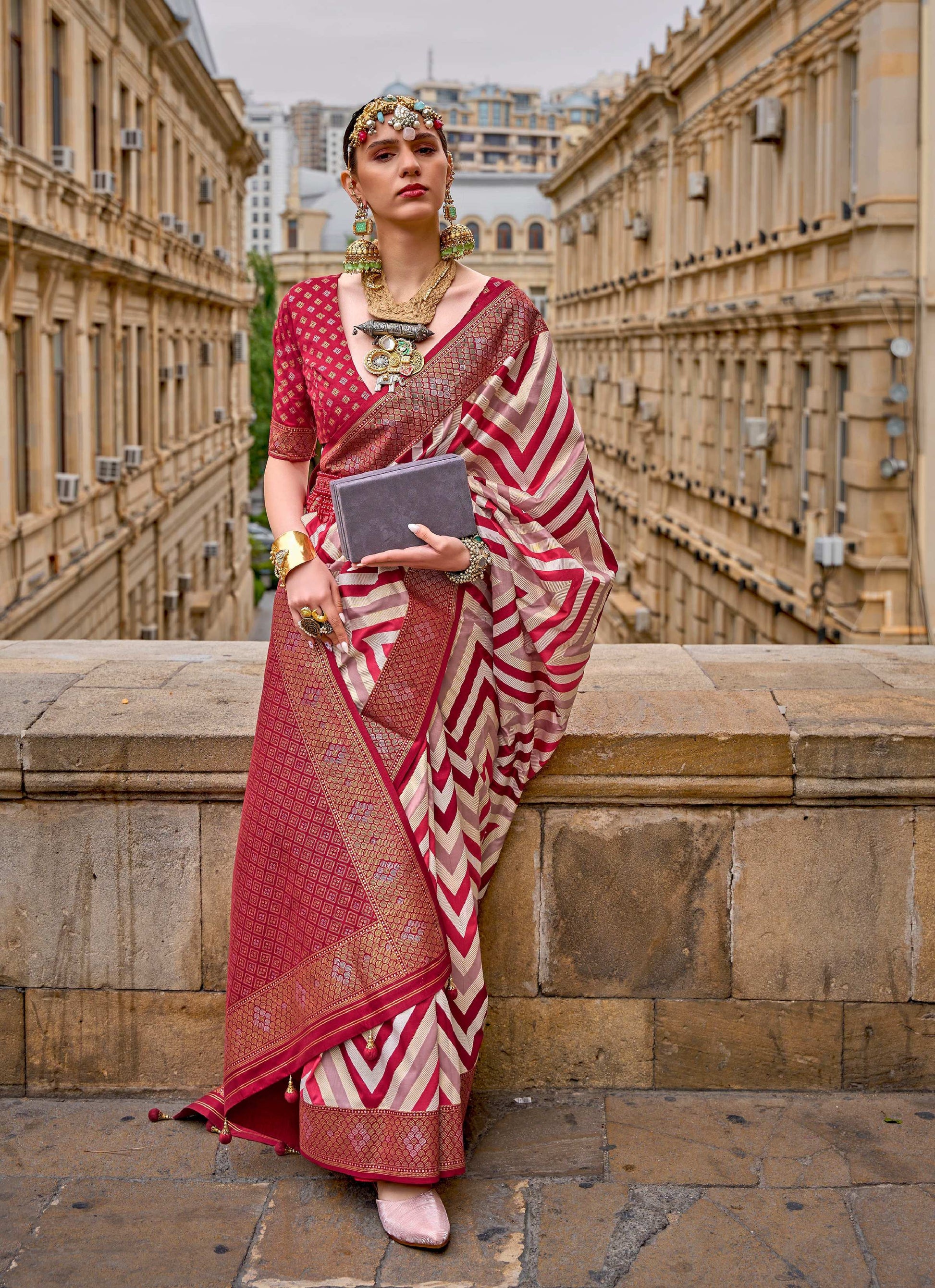 Monjolika Fashion Maroon Color Weaving Border Silk Saree With Blouse