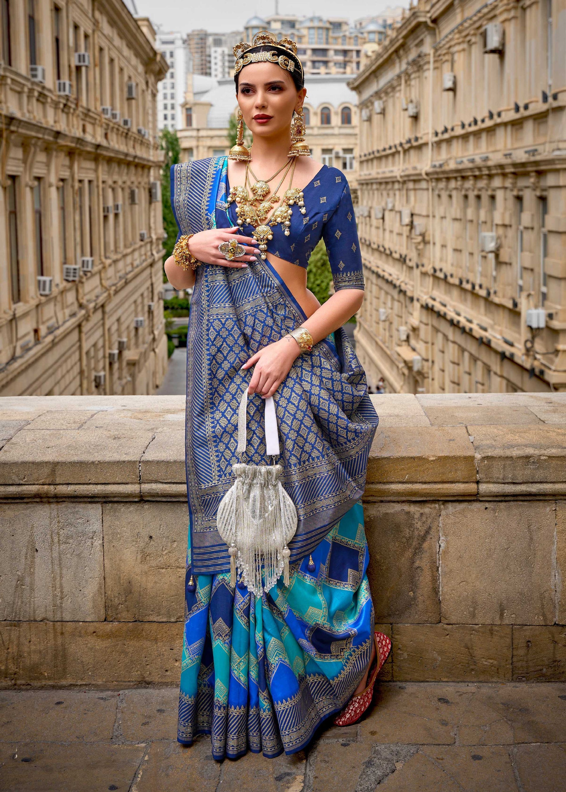 Monjolika Fashion Navy Blue Color Weaving Border Silk Saree With Blouse