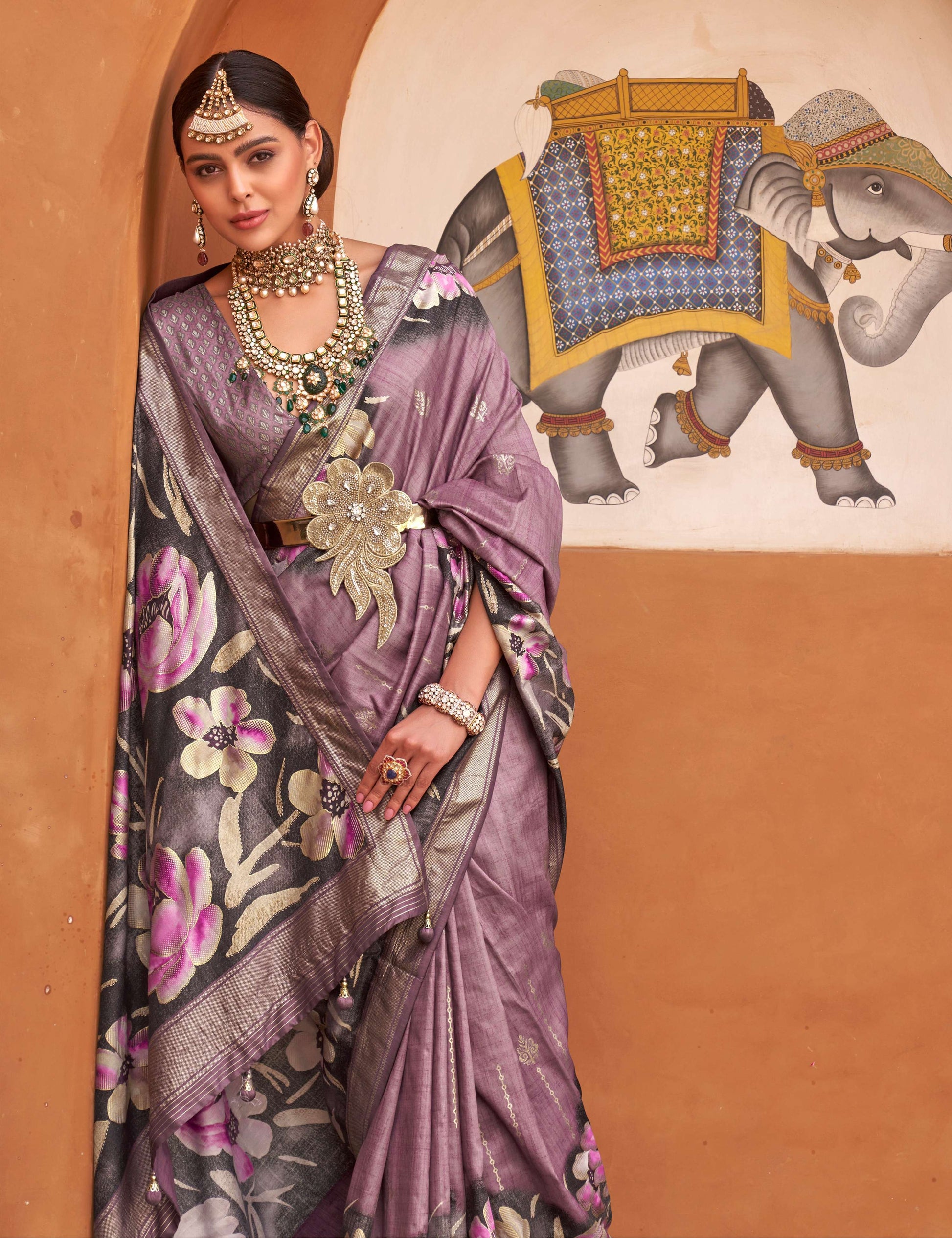 Monjolika Fashion Mauve Color Digitally Printed Weaving Silk Saree With Blouse