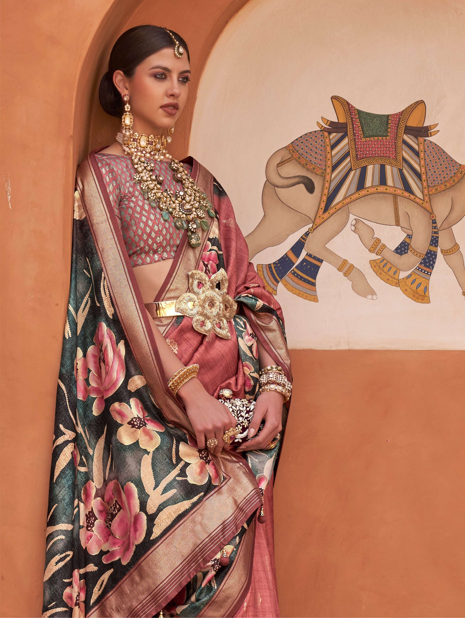 Monjolika Fashion Rust Color Digitally Printed Weaving Silk Saree With Blouse
